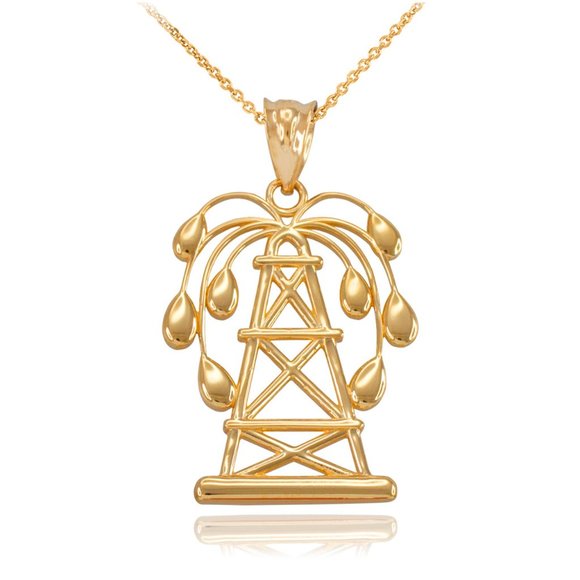 Solid 14K Gold Gushing Oil Well Pendant - Yellow, Rose, or White